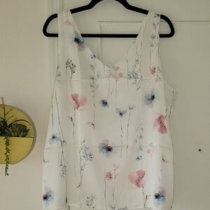 Floral Sleeveless Top - White with Pink and Blue Accents